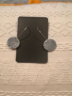 Silver Textured Disc Drop Earrings by